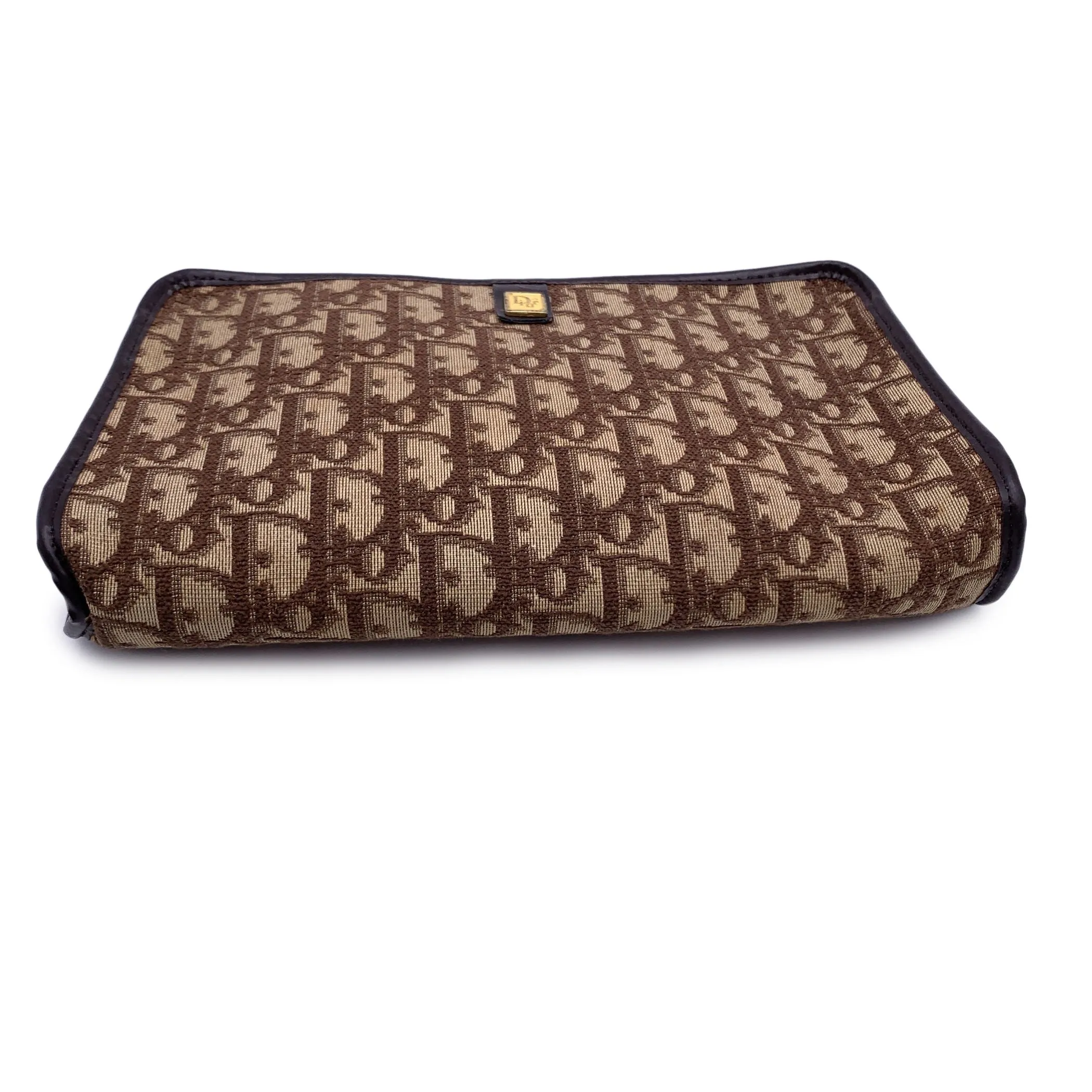 CHRISTIAN DIOR Vintage Brown Logo Oblique Canvas Small Zip Clutch