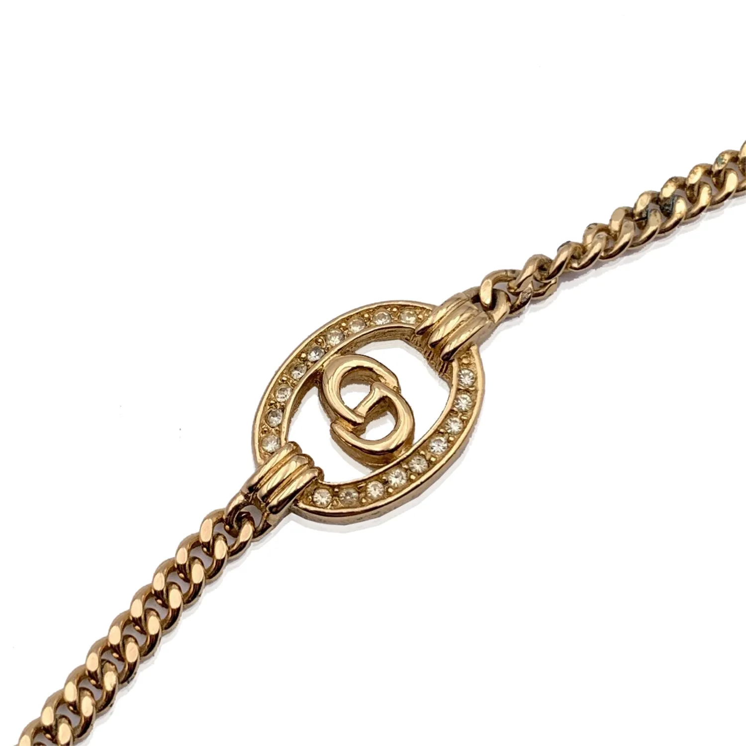 CHRISTIAN DIOR Vintage Gold Metal Cd Crystals Logo Chain Bracelet