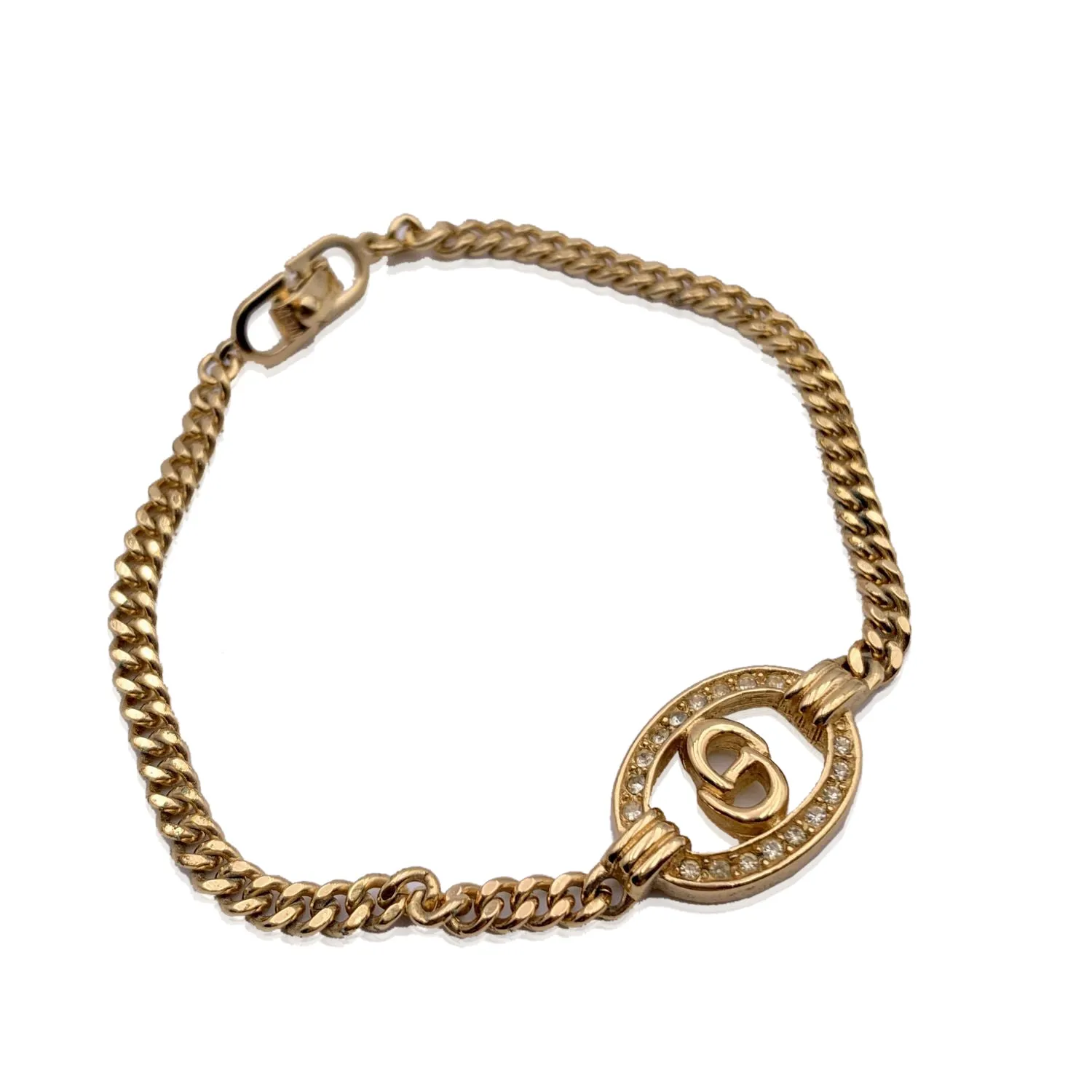 CHRISTIAN DIOR Vintage Gold Metal Cd Crystals Logo Chain Bracelet