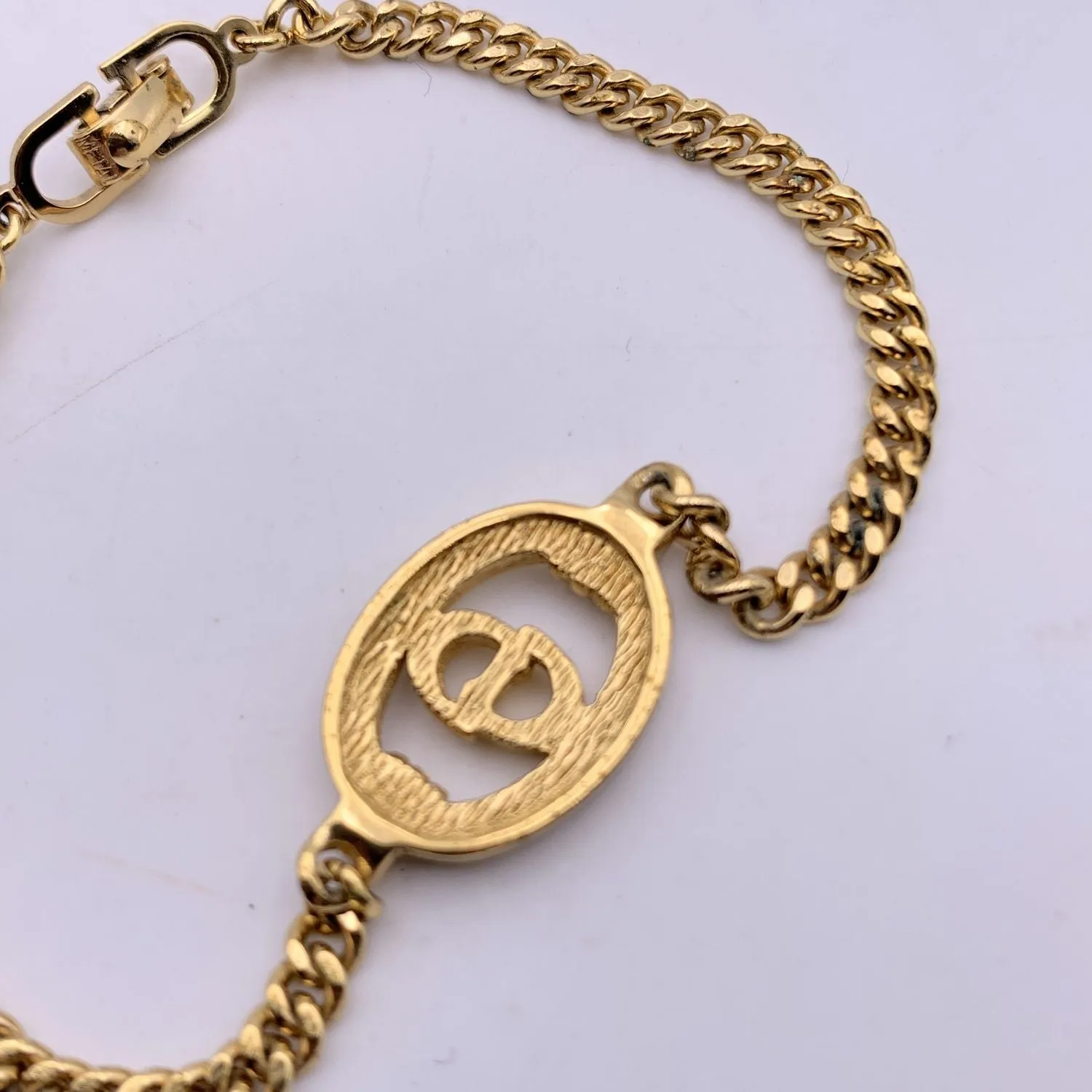 CHRISTIAN DIOR Vintage Gold Metal Cd Crystals Logo Chain Bracelet