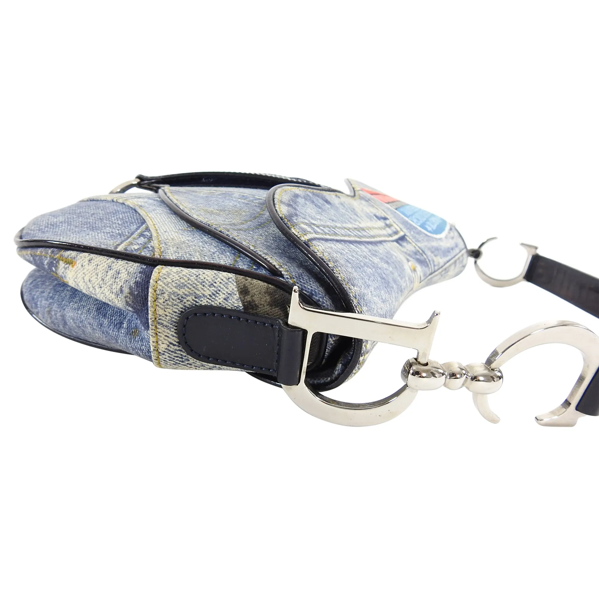 Christian Vintage Fall 2001 Dior Blue Denim Printed Double Saddle Bag