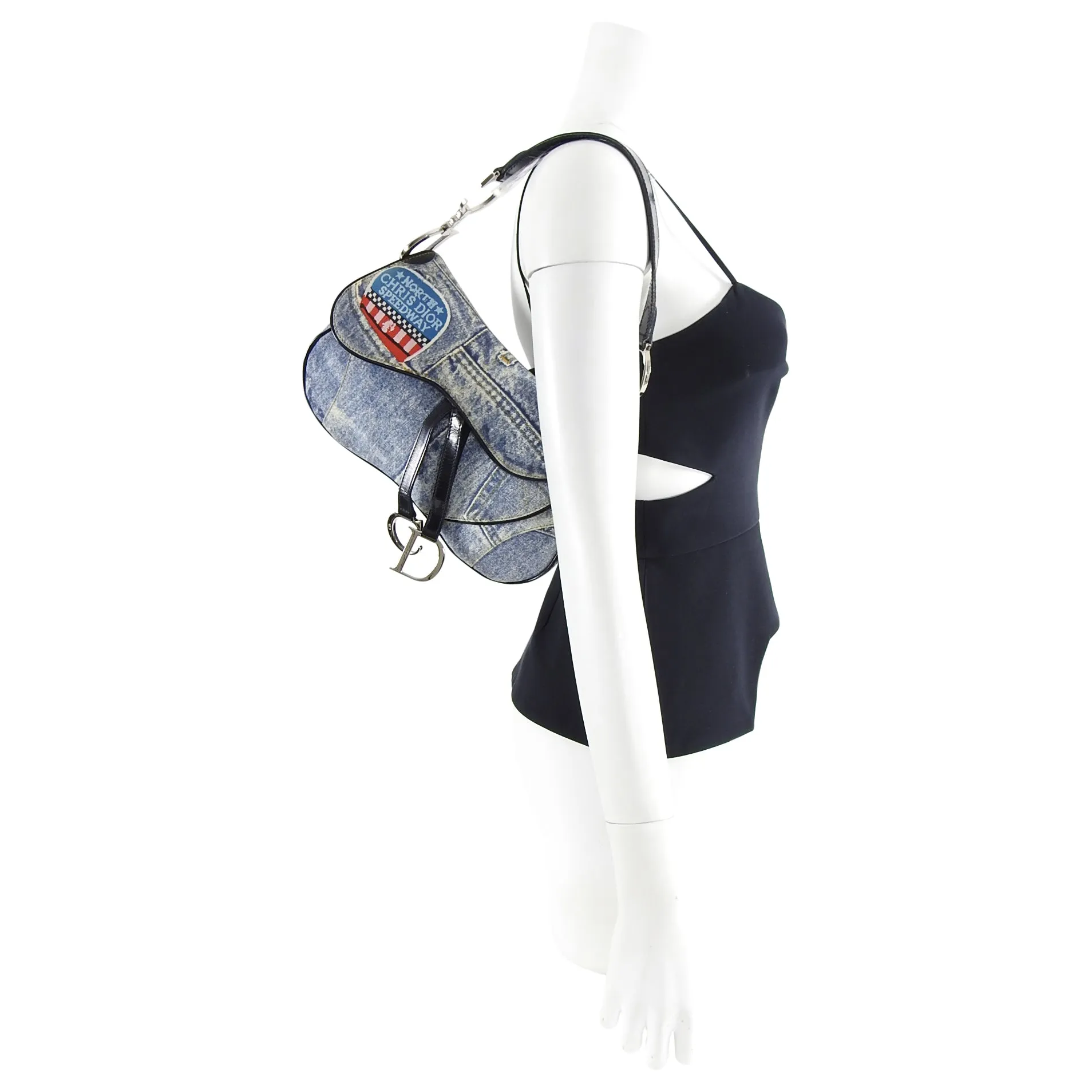 Christian Vintage Fall 2001 Dior Blue Denim Printed Double Saddle Bag
