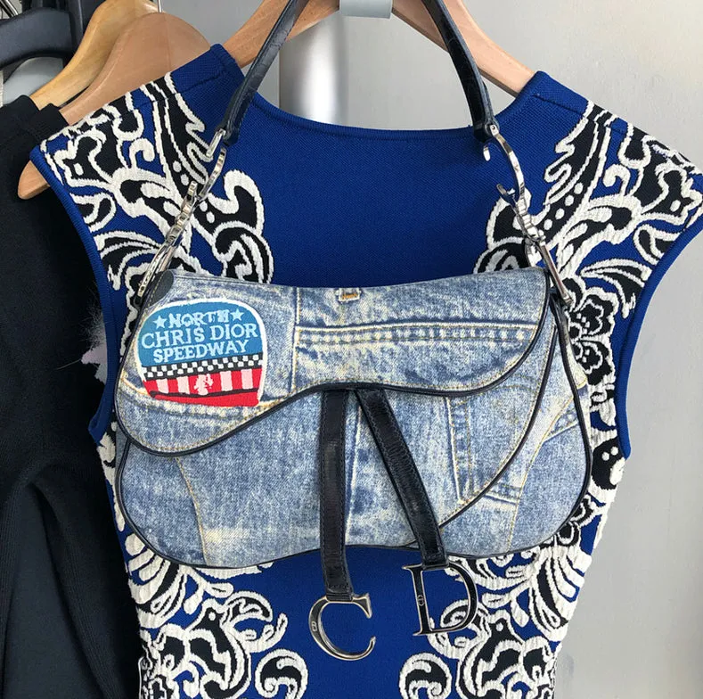 Christian Vintage Fall 2001 Dior Blue Denim Printed Double Saddle Bag