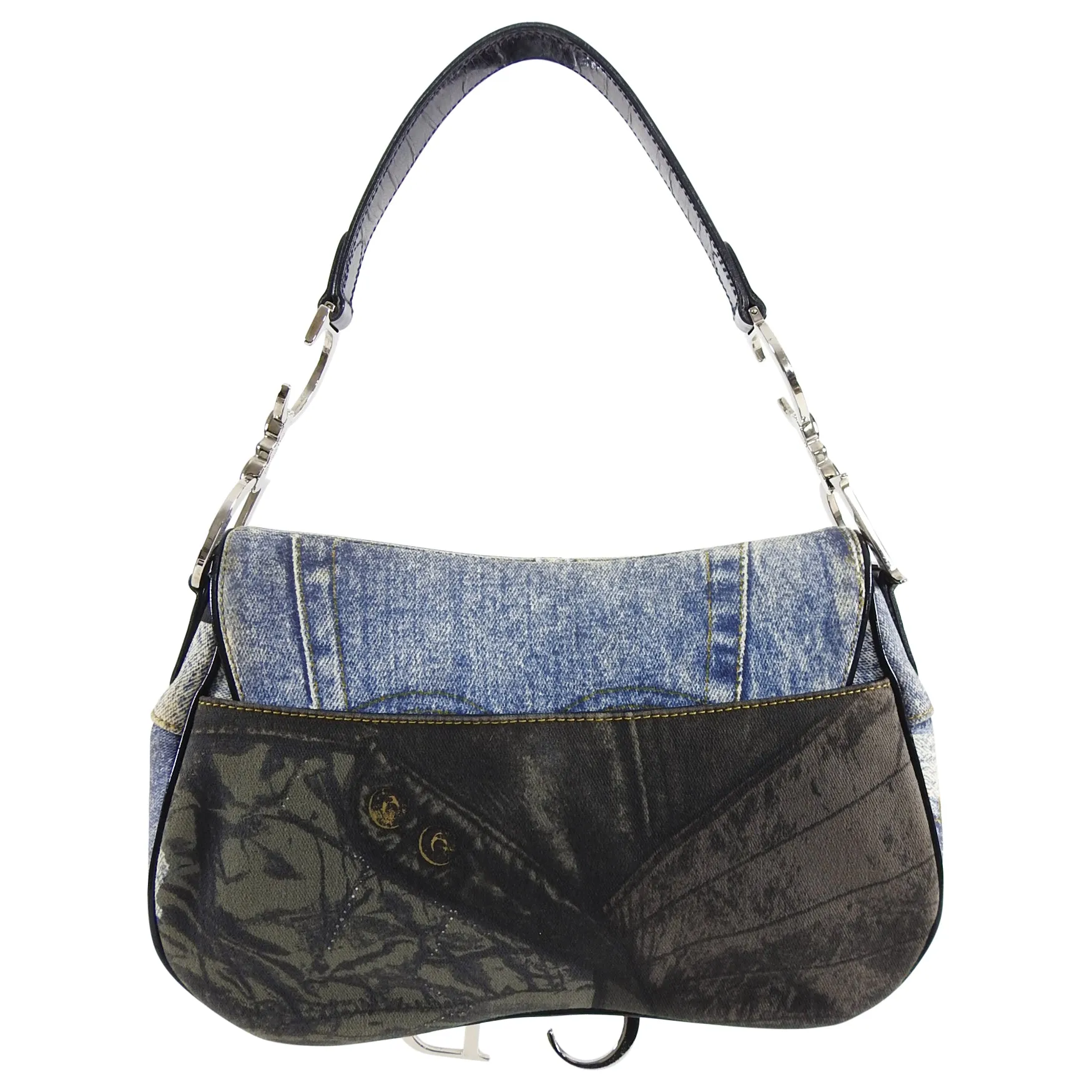 Christian Vintage Fall 2001 Dior Blue Denim Printed Double Saddle Bag