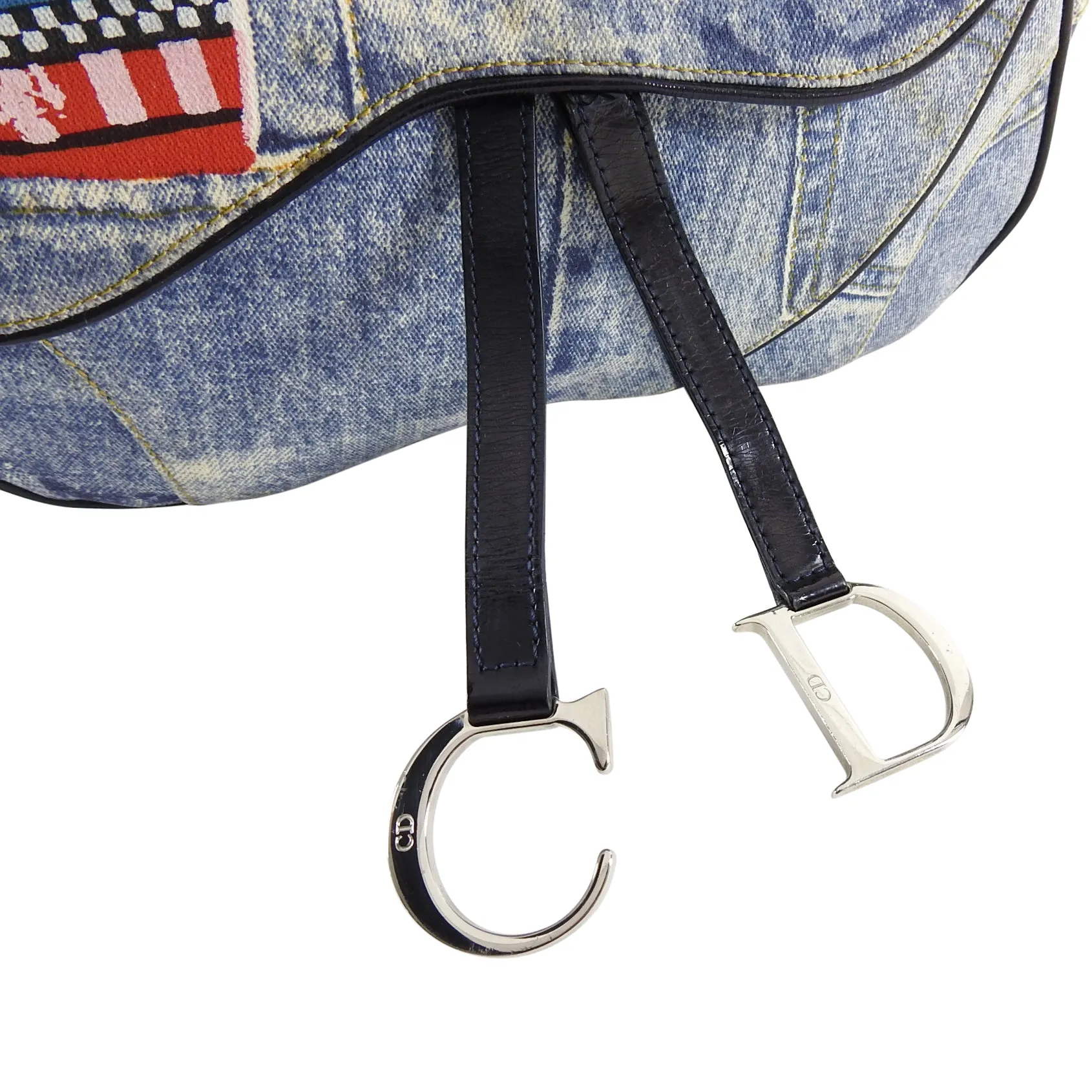 Christian Vintage Fall 2001 Dior Blue Denim Printed Double Saddle Bag