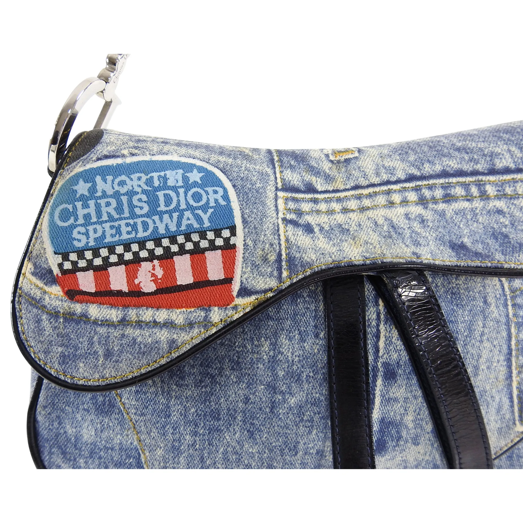 Christian Vintage Fall 2001 Dior Blue Denim Printed Double Saddle Bag