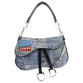 Christian Vintage Fall 2001 Dior Blue Denim Printed Double Saddle Bag
