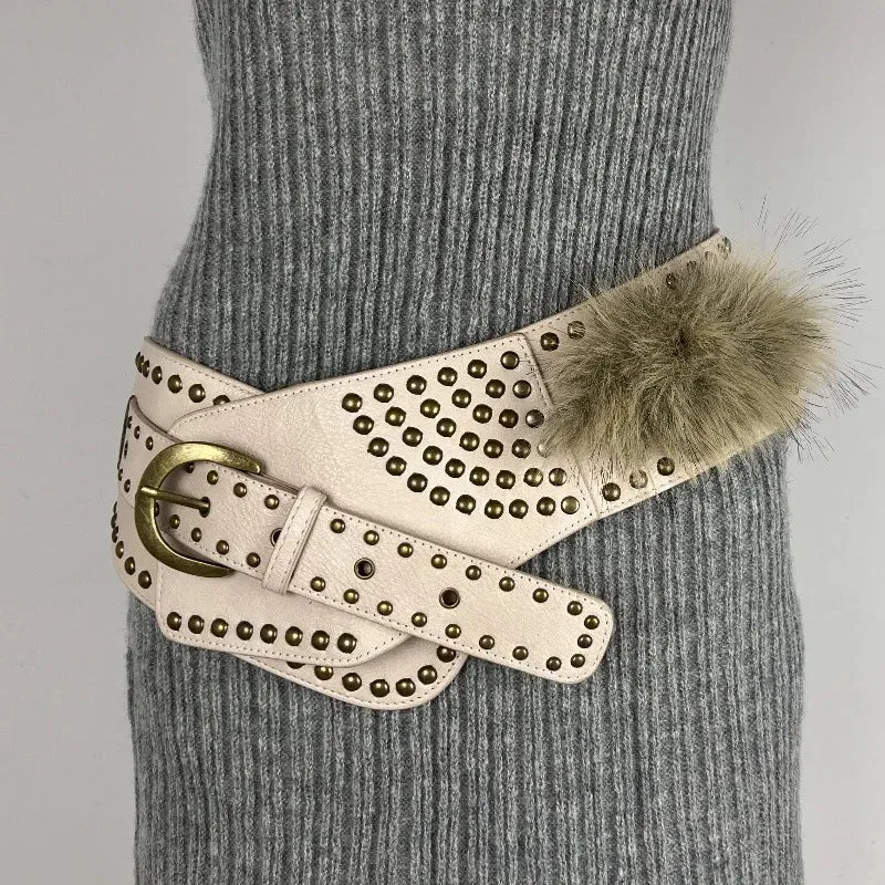 Punk Studded Fur Belt - Vintage Cowgirl Y2K Gothic Waistband for Night Club Dress