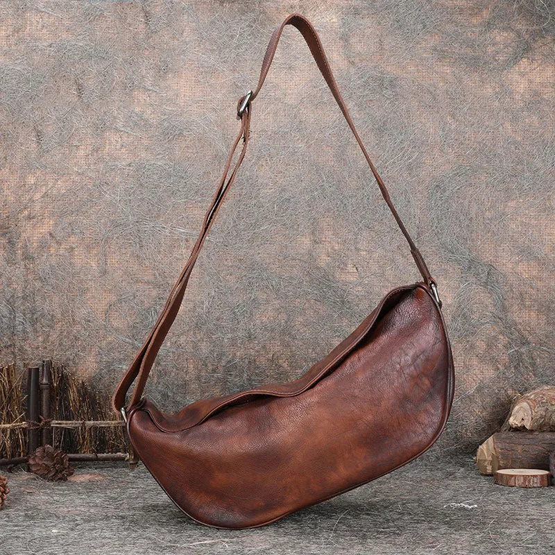 Vintage Brown Mens Sling Bag Leather Saddle Chest Bag Shoulder Purse Crossbody Pack for Men