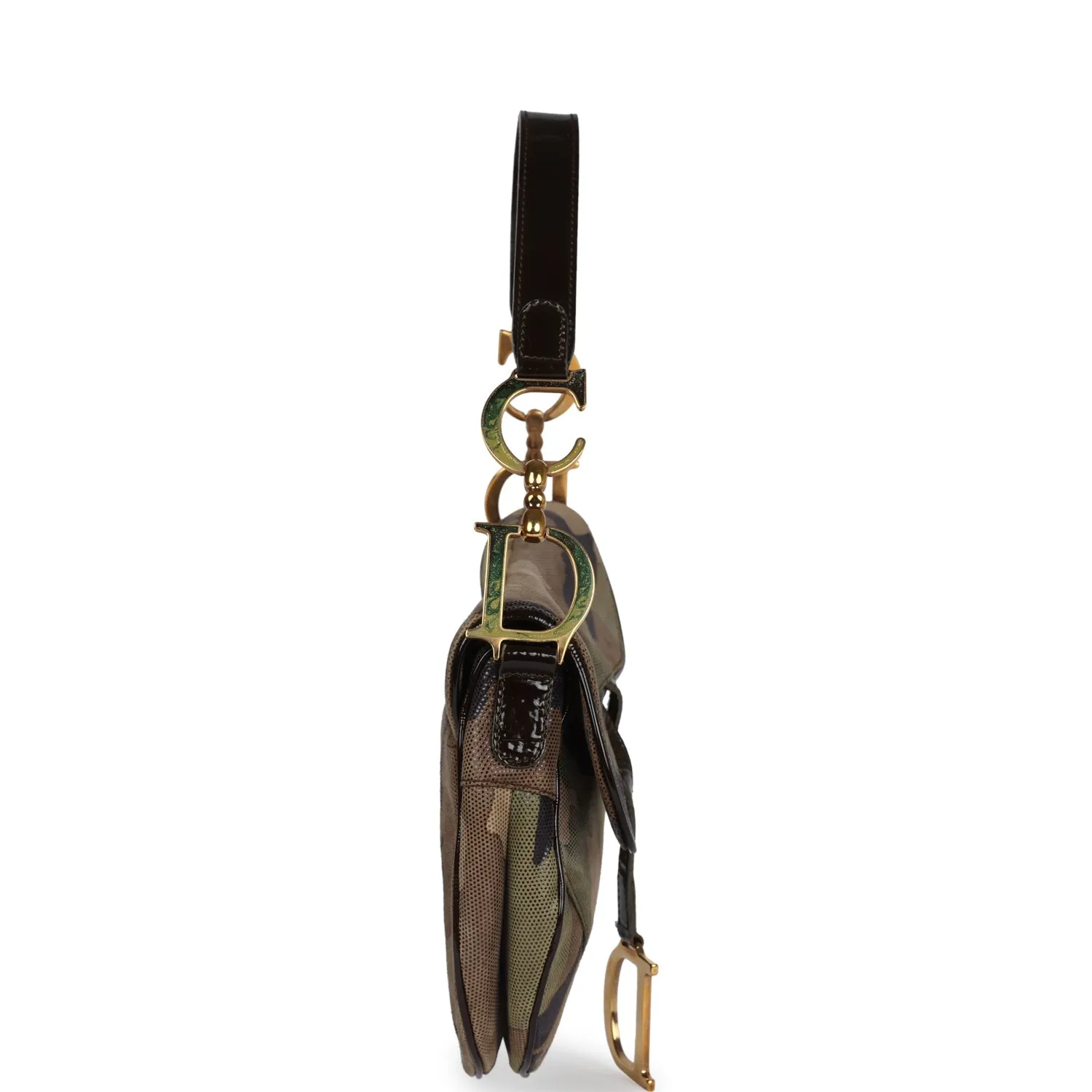 Vintage Christian Dior Camouflage Saddle Bag Green and Brown Suede Gold Hardware