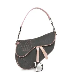 Vintage Christian Dior Saddle Bag Grey Denim and Pink Metallic Leather Silver Hardware